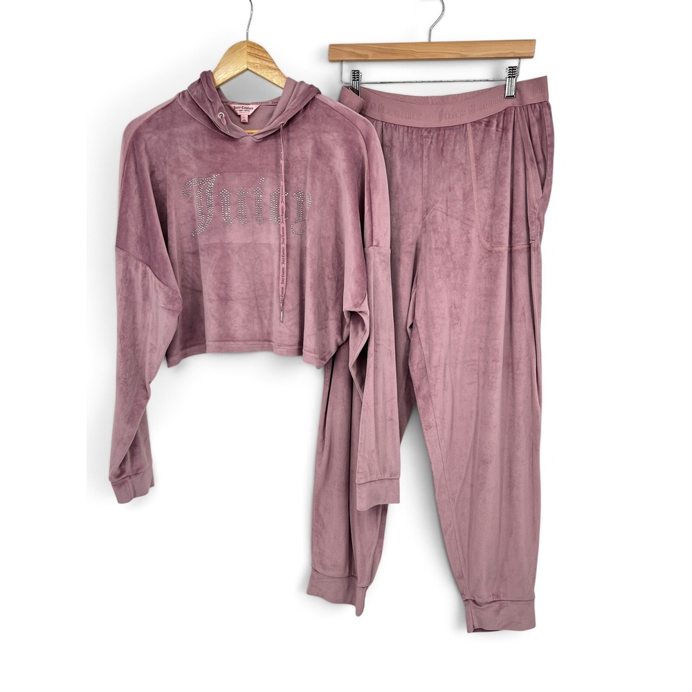 Juicy Couture Velour Jogger Set L Mauve Purple Rhinestone Crop Hoodie 2 Piece